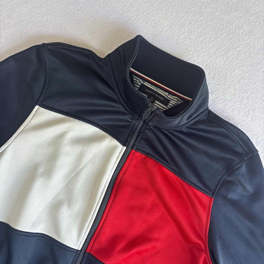 Tommy Hilfiger Men's M Track Jacket Full-Zip Navy Red White Colorblock Mock Neck